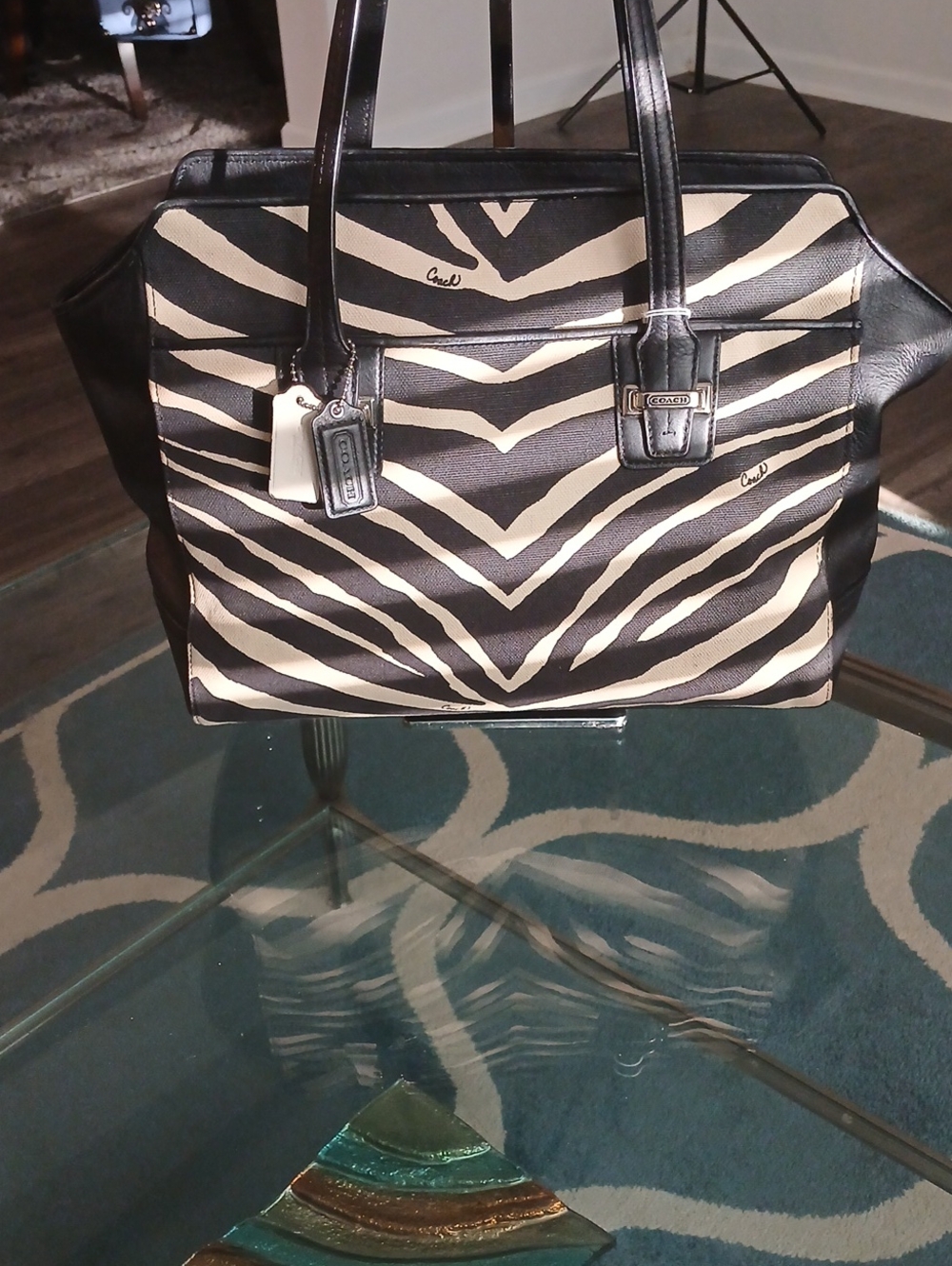 Coach Taylor Zebra-Print Carryall Canvas And Leather Tote